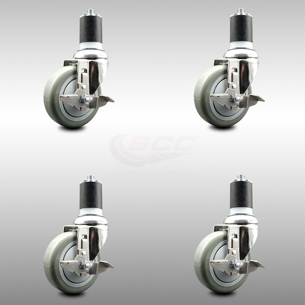 Service Caster 4 Inch 316SS Gray Poly Swivel 1-7/8 Inch Expanding Stem Caster Set Brake SCC SCC-SS316EX20S414-PPUB-TLB-178-4 - main